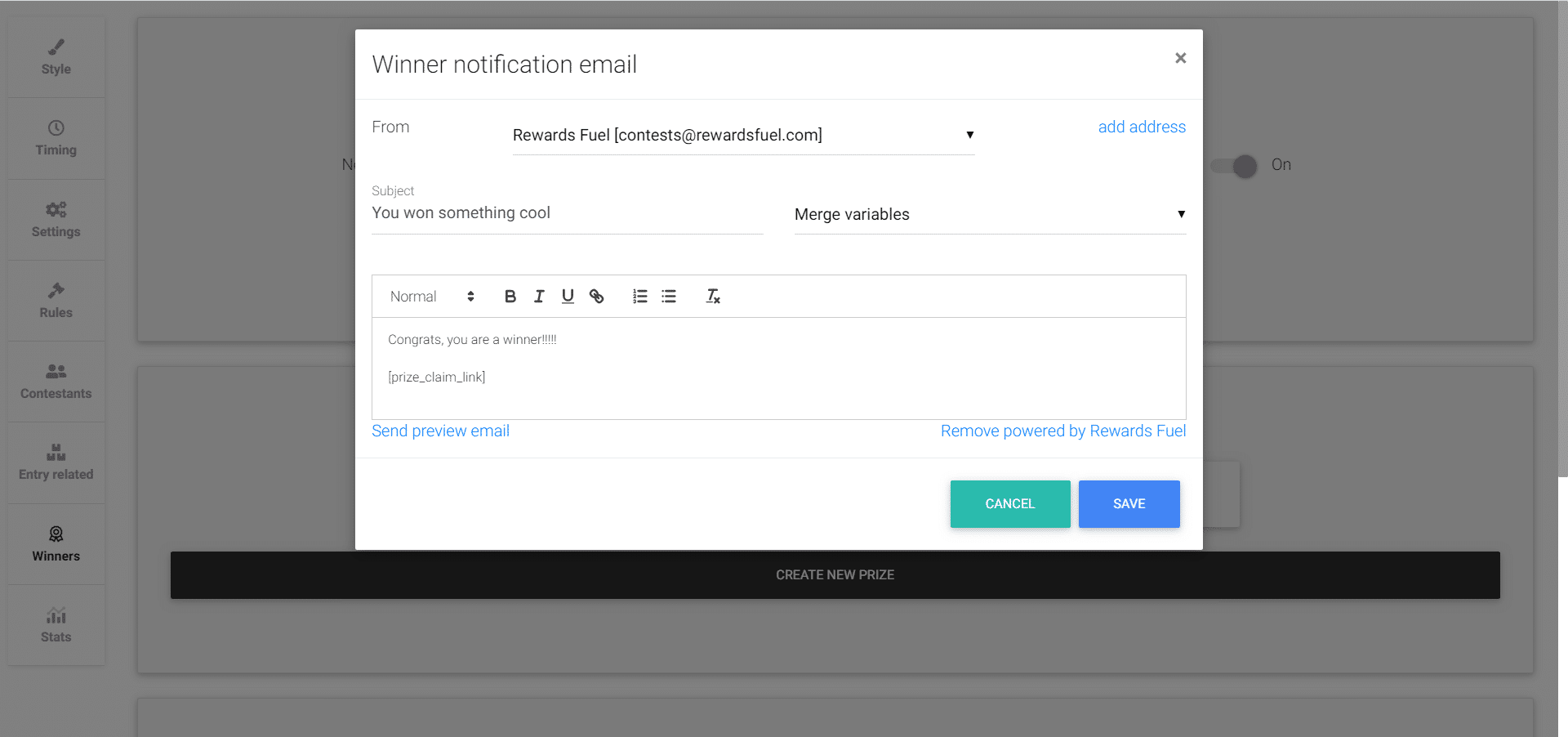 Customize the winner notification email