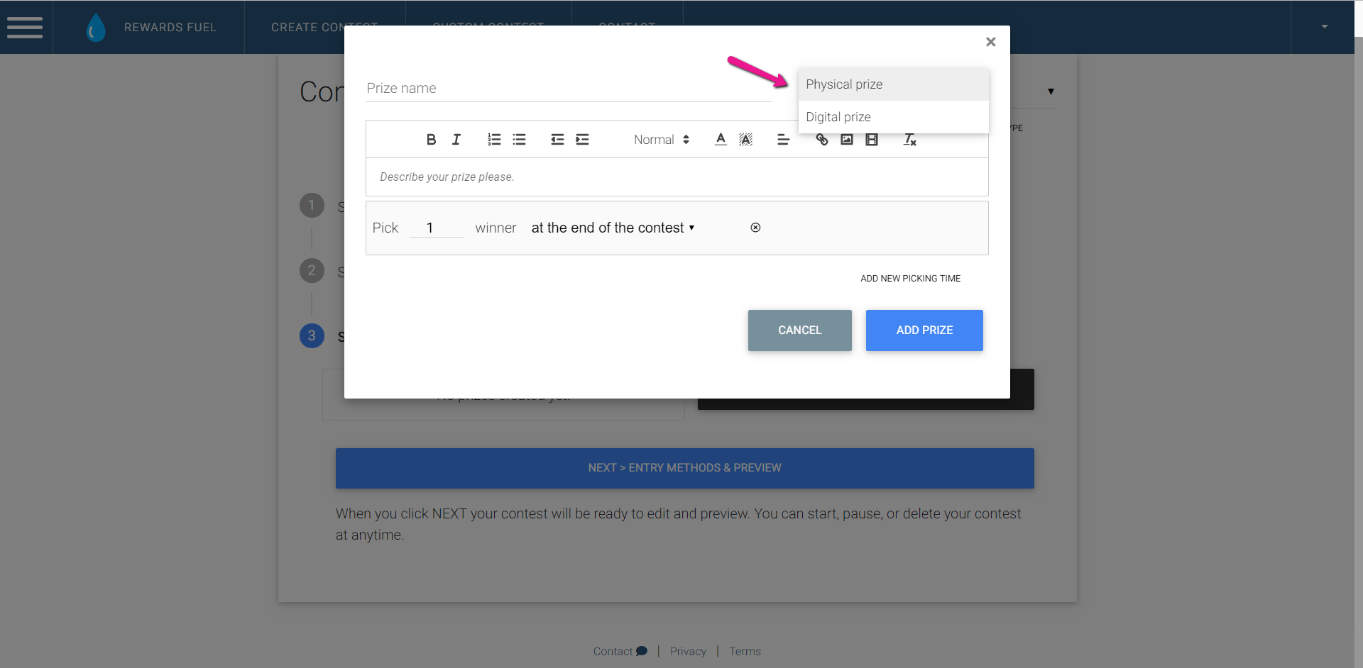 Create a prize and select the digital option