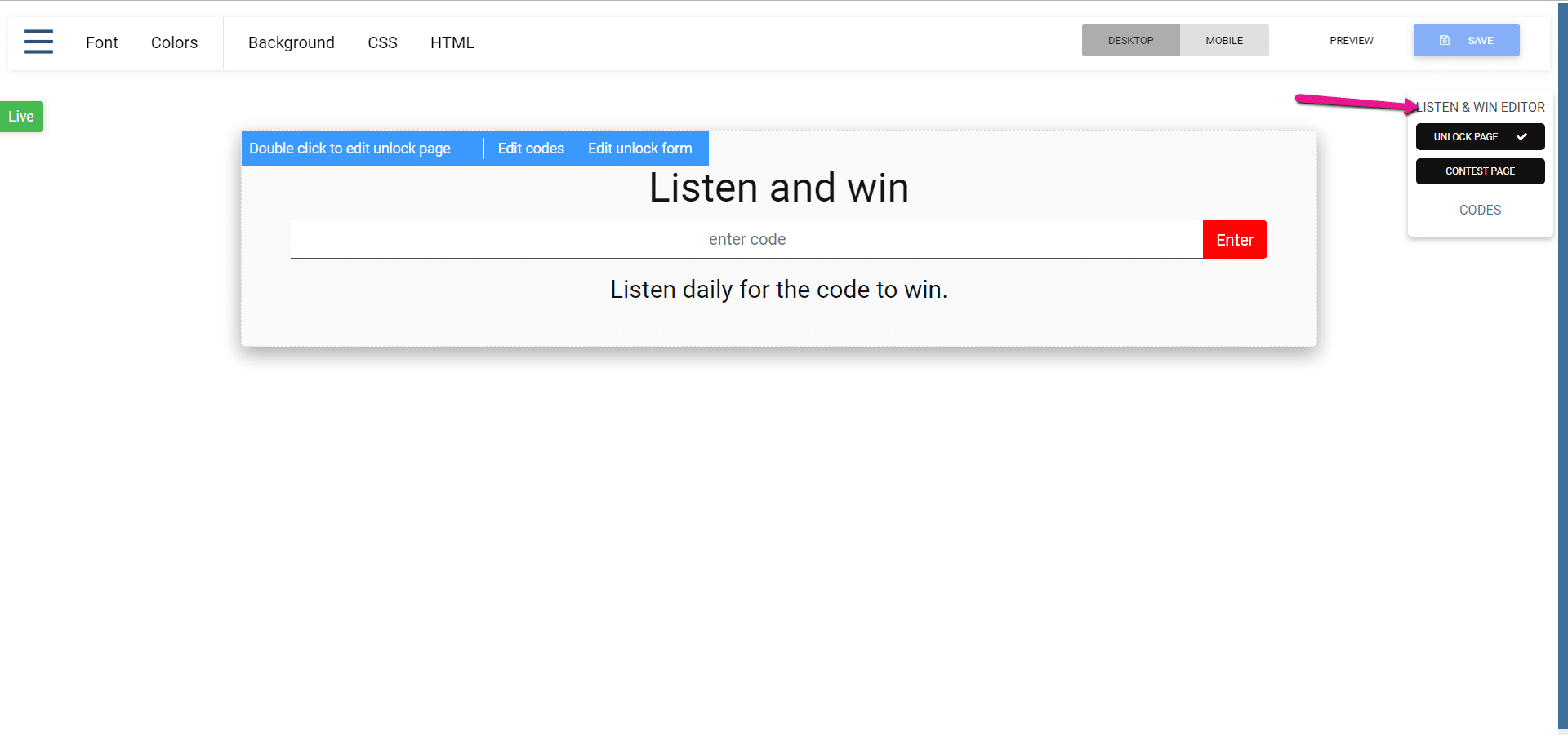 Contest software to create a listen and win contest